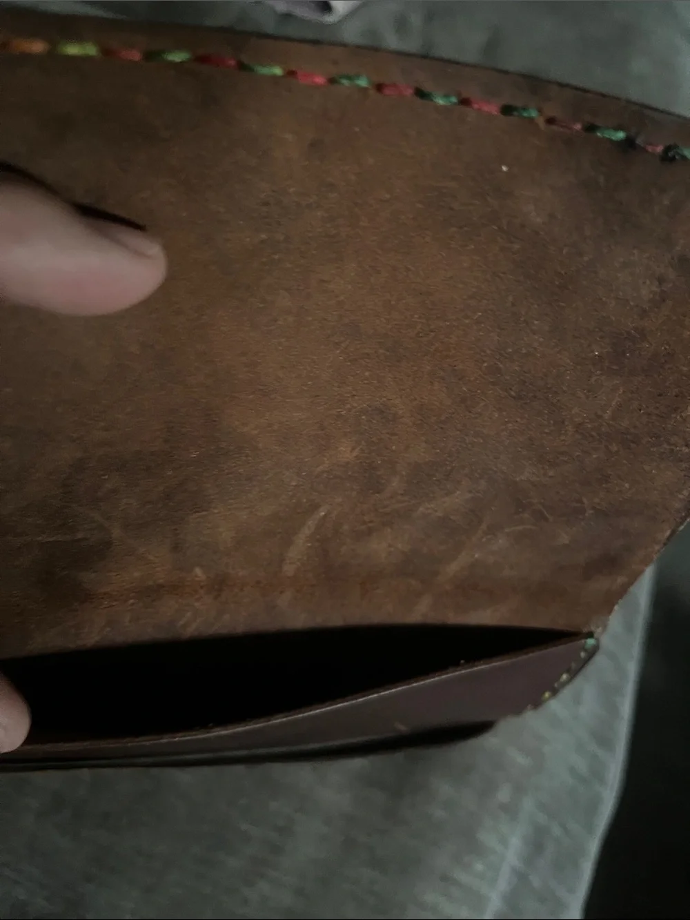 Dark Brown Leather Wallet Clutch with cream braided strap. Multi colored stitch